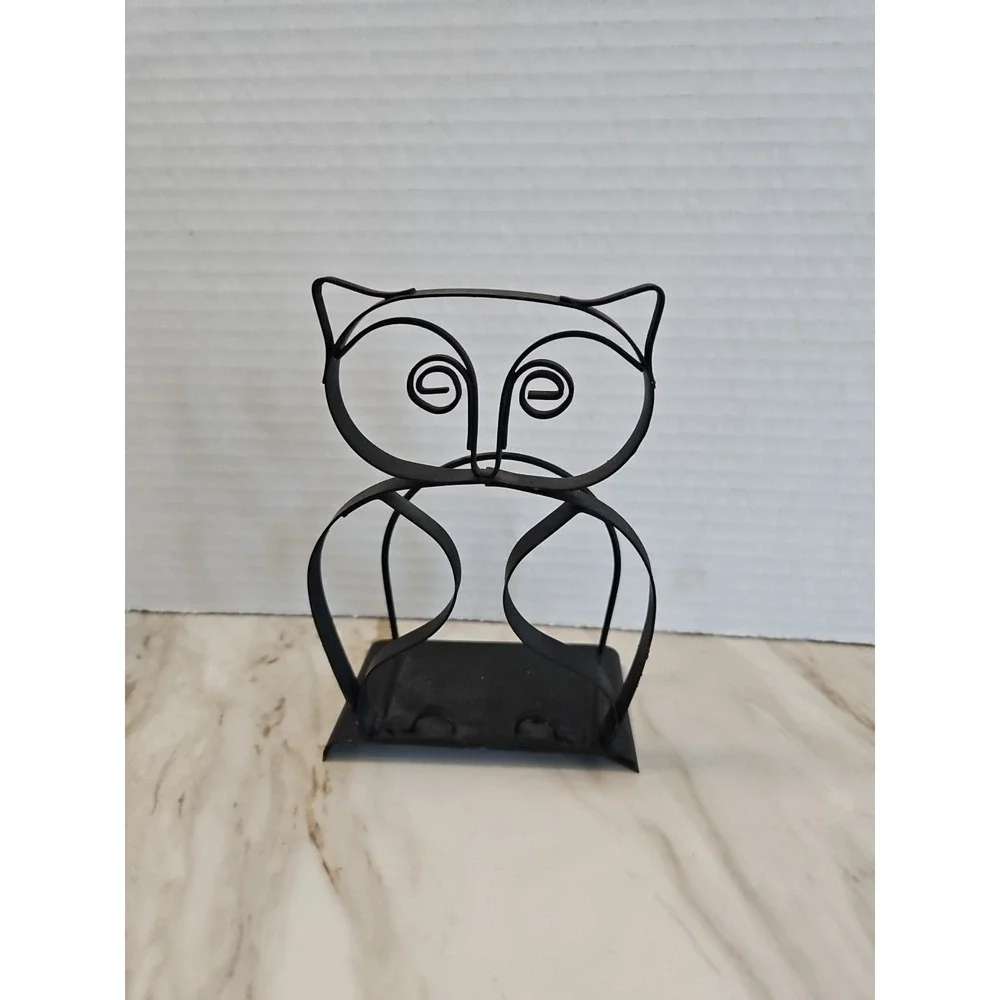 Vtg Matte Black Metal Owl Scroll  Napkin Letter Holder Decor